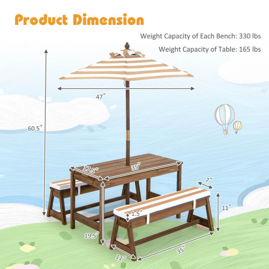 Kids Picnic Table and Bench Set with Cushions and Height Adjustable Umbrella-Brown - Image 5
