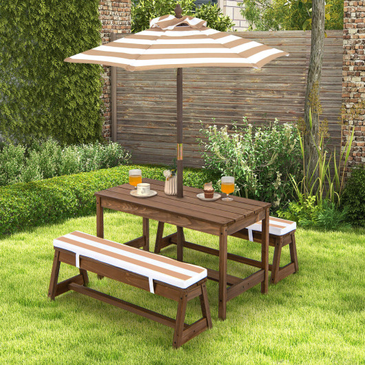 Kids Picnic Table and Bench Set with Cushions and Height Adjustable Umbrella-Brown - Image 6