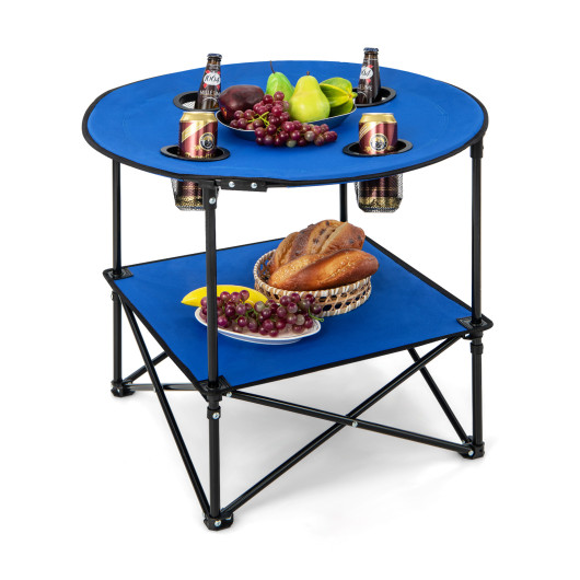 2-Tier Portable Picnic Table with Carrying Bag and 4 Cup Holders-Blue - Image 2