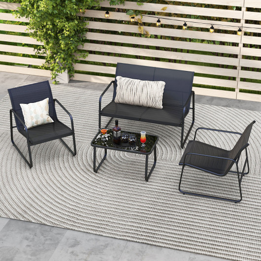 4 Pieces Outdoor Conversation Set with Tempered Glass Coffee Table-Black - Image 2