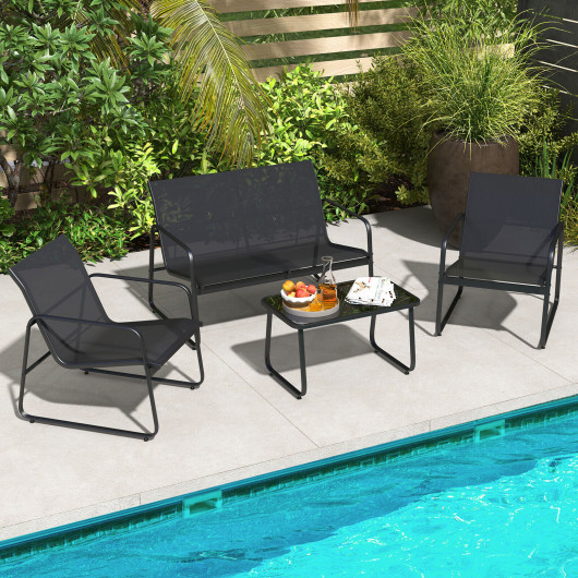 4 Pieces Outdoor Conversation Set with Tempered Glass Coffee Table-Black - Image 6