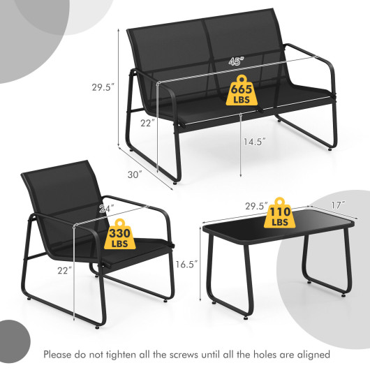 4 Pieces Outdoor Conversation Set with Tempered Glass Coffee Table-Black - Image 4