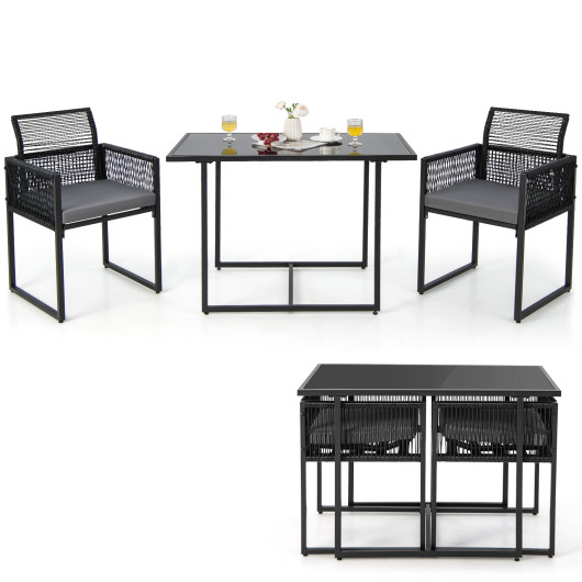 3 Pieces Outdoor Dining Set with Folding Backrest and Seat Cushions-Black - Image 2