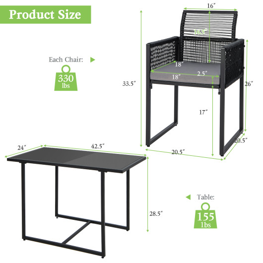 3 Pieces Outdoor Dining Set with Folding Backrest and Seat Cushions-Black - Image 3
