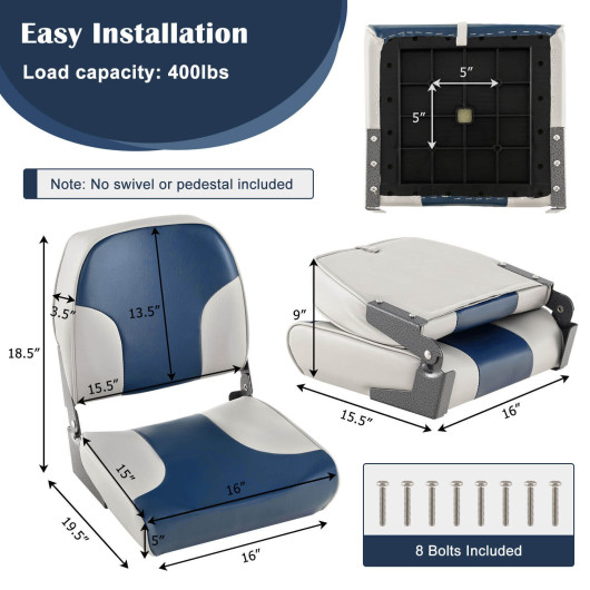 2 Pieces Low Back Boat Seat Set with Sponge Padding and Aluminum Hinges-Blue - Image 4