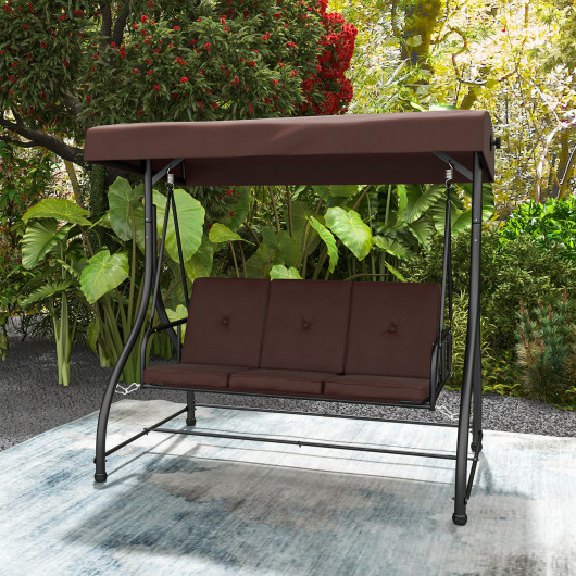 3 Seat Outdoor Porch Swing with Adjustable Canopy-Coffee - Image 3
