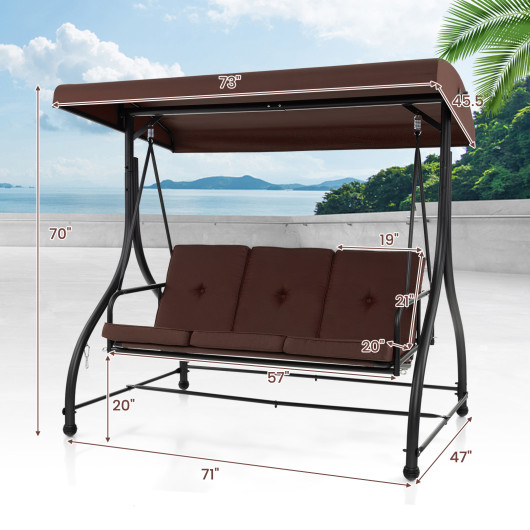 3 Seat Outdoor Porch Swing with Adjustable Canopy-Coffee - Image 6