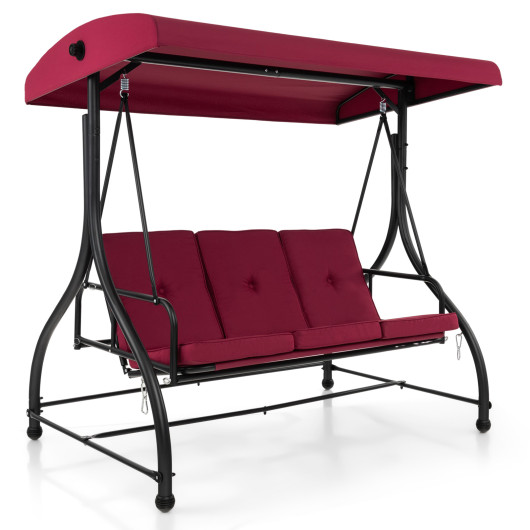 3 Seat Outdoor Porch Swing with Adjustable Canopy-Wine - Image 2