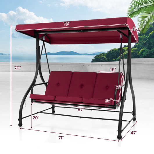 3 Seat Outdoor Porch Swing with Adjustable Canopy-Wine - Image 4