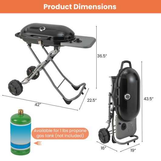 15000 BTU Portable Propane BBQ Grill with Wheels and Side Shelf-Black - Image 2