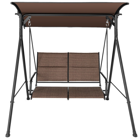 2 Person Porch Swing with Adjustable Canopy and Padded Seat-Brown - Image 3