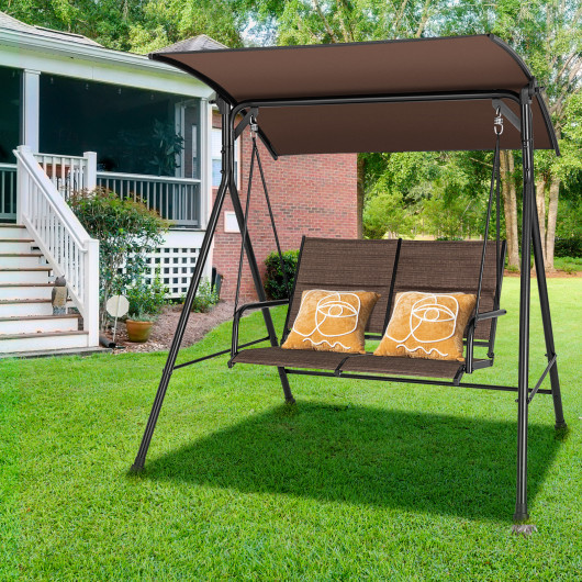 2 Person Porch Swing with Adjustable Canopy and Padded Seat-Brown - Image 4