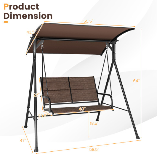 2 Person Porch Swing with Adjustable Canopy and Padded Seat-Brown - Image 5