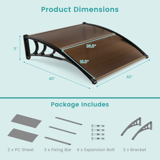 Outdoor Front Door Patio Overhang Awning for Sunlight Rain Snow Wind Protection-40 x 40 Inch - Image 6
