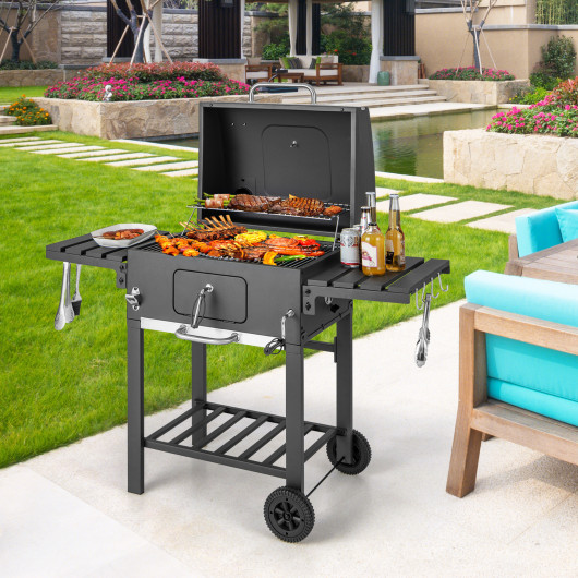 Outdoor BBQ Charcoal Grill with 2 Foldable Side Table and Wheels - Image 5