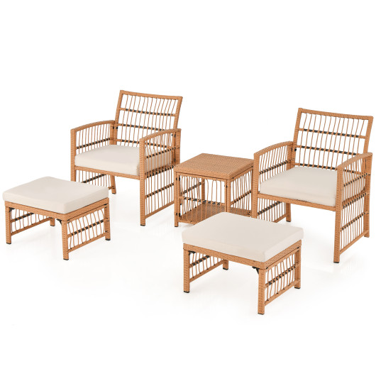 5 Piece Patio Wicker Sofa Set with Seat and Back Cushions-Natural - Image 4
