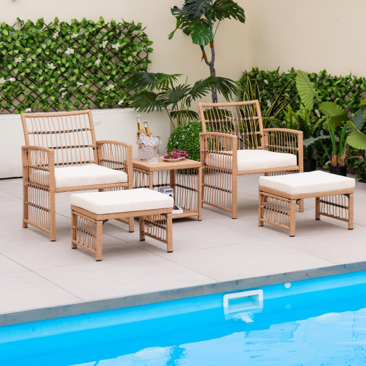 5 Piece Patio Wicker Sofa Set with Seat and Back Cushions-Natural - Image 2