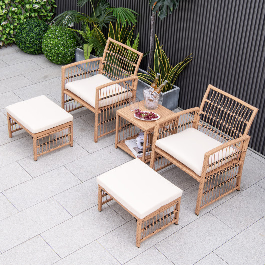 5 Piece Patio Wicker Sofa Set with Seat and Back Cushions-Natural - Image 3