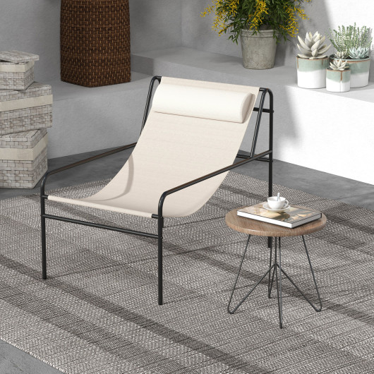 Patio Sling Lounge Chair with Removable Headrest Pillow and Metal Frame-Beige - Image 2