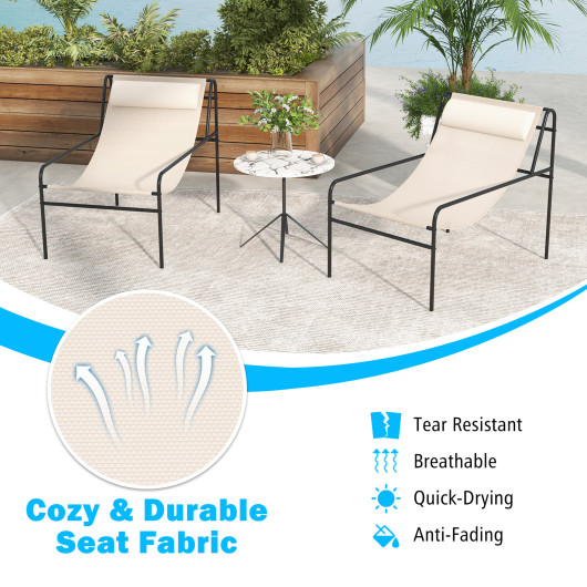 Patio Sling Lounge Chair with Removable Headrest Pillow and Metal Frame-Beige - Image 3