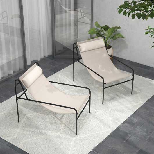 Patio Sling Lounge Chair with Removable Headrest Pillow and Metal Frame-Beige - Image 6
