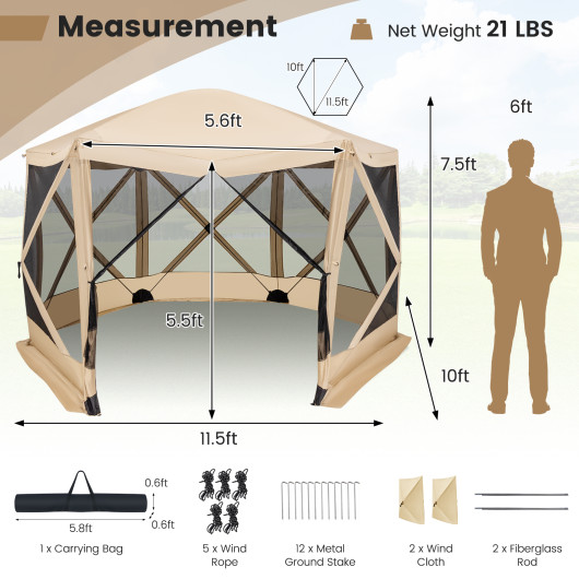 11.5 X 11.5 FT Pop-up Screen House Tent with Portable Carrying Bag-Coffee - Image 3