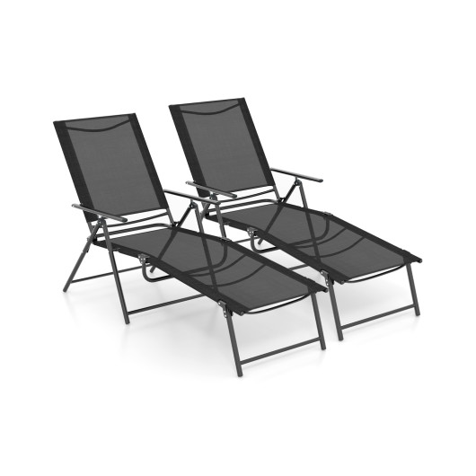 2 Piece Patio Folding Chaise Lounge Chairs Recliner with 6-Level Backrest-Black - Image 3