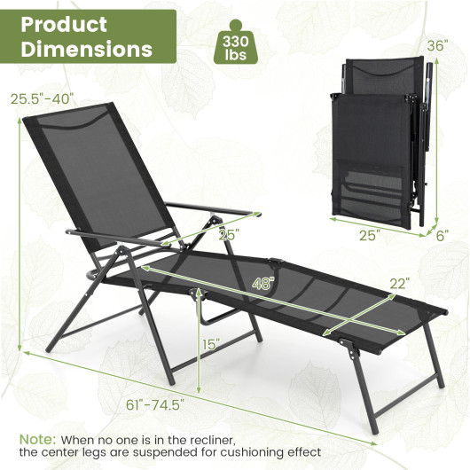 2 Piece Patio Folding Chaise Lounge Chairs Recliner with 6-Level Backrest-Black - Image 2