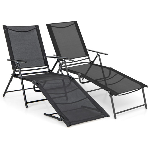 2 Piece Patio Folding Chaise Lounge Chairs Recliner with 6-Level Backrest-Black - Image 4