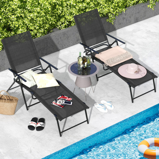 2 Piece Patio Folding Chaise Lounge Chairs Recliner with 6-Level Backrest-Black - Image 6
