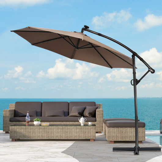 10 ft 360 Rotation Solar Powered LED Patio Offset Umbrella without Weight Base-Tan - Image 3