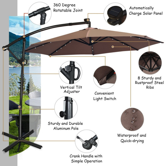 10 ft 360 Rotation Solar Powered LED Patio Offset Umbrella without Weight Base-Tan - Image 2