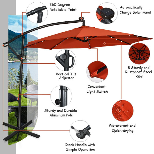 10 ft 360 Rotation Solar Powered LED Patio Offset Umbrella without Weight Base-Orange - Image 6