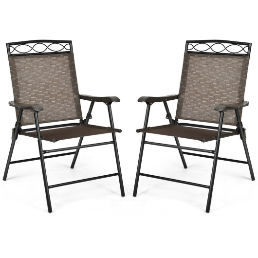 Set of 2 Patio Folding Chairs Sling Portable Dining Chair Set with Armrest