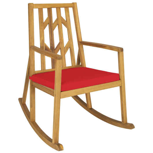 Patio Acacia Wood Rocking Chair Sofa with Armrest and Cushion for Garden and Deck-Red - Image 4