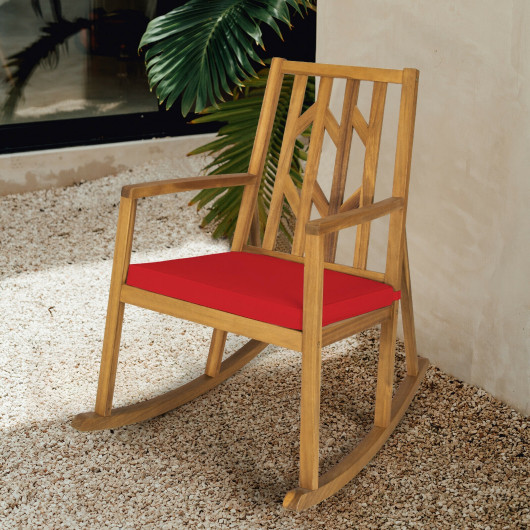 Patio Acacia Wood Rocking Chair Sofa with Armrest and Cushion for Garden and Deck-Red - Image 3