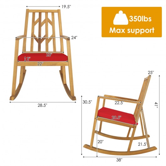 Patio Acacia Wood Rocking Chair Sofa with Armrest and Cushion for Garden and Deck-Red - Image 5