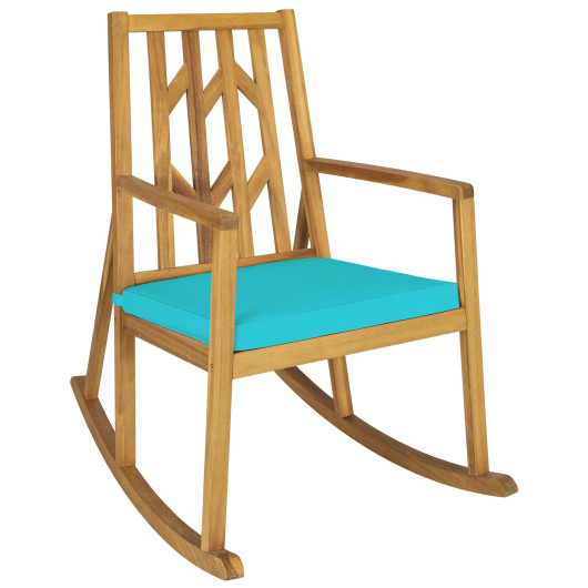Patio Acacia Wood Rocking Chair Sofa with Armrest and Cushion for Garden and Deck-Turquoise - Image 4