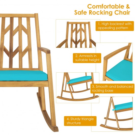 Patio Acacia Wood Rocking Chair Sofa with Armrest and Cushion for Garden and Deck-Turquoise - Image 5