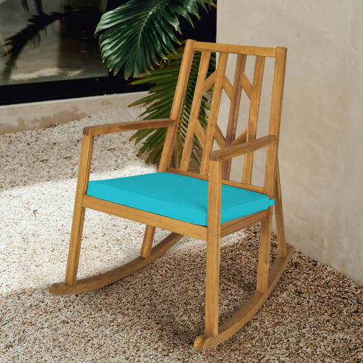 Patio Acacia Wood Rocking Chair Sofa with Armrest and Cushion for Garden and Deck-Turquoise - Image 3