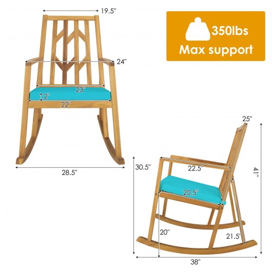 Patio Acacia Wood Rocking Chair Sofa with Armrest and Cushion for Garden and Deck-Turquoise - Image 6