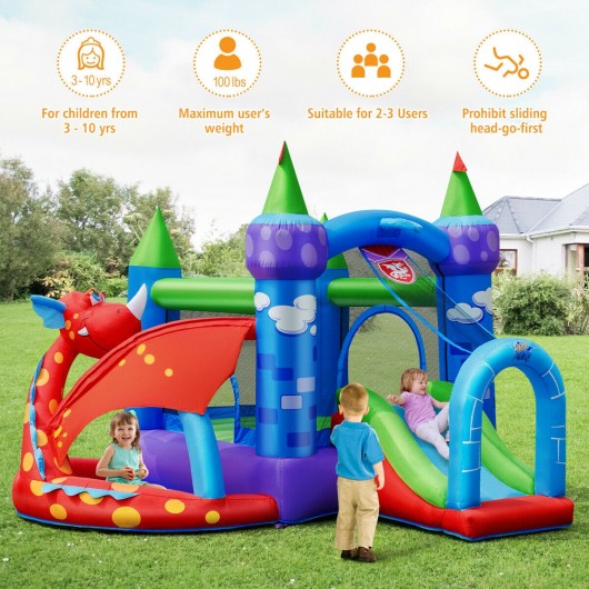 Kids Inflatable Bounce House Dragon Jumping Slide Bouncer Castle with 740W Blower - Image 3