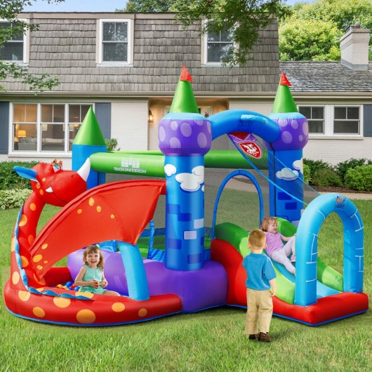 Kids Inflatable Bounce House Dragon Jumping Slide Bouncer Castle with 740W Blower - Image 2