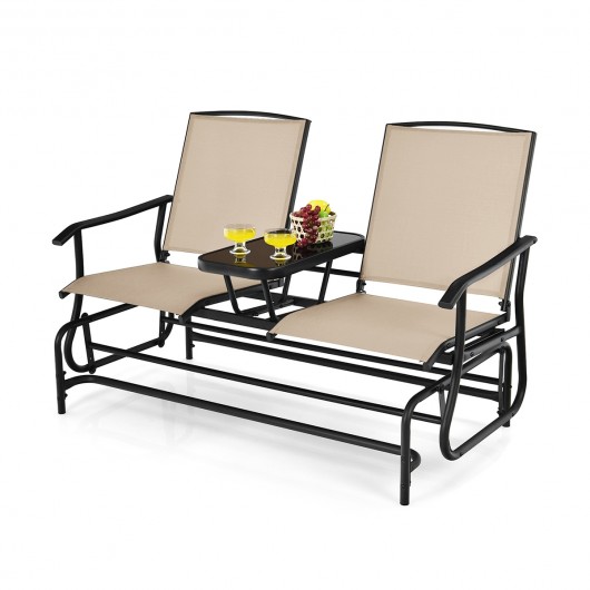 2-Person Double Rocking Loveseat with Mesh Fabric and Center Tempered Glass Table - Image 3