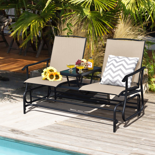 2-Person Double Rocking Loveseat with Mesh Fabric and Center Tempered Glass Table - Image 5