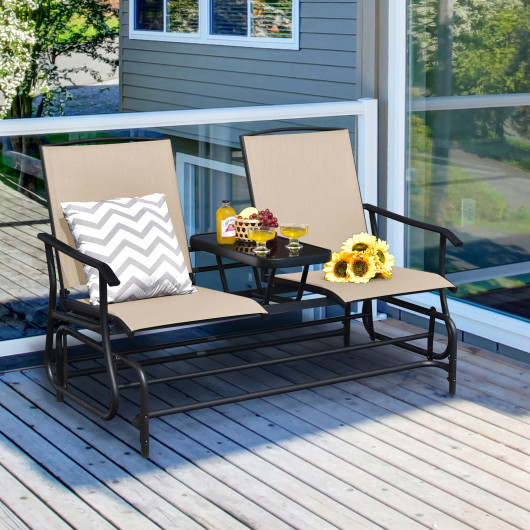 2-Person Double Rocking Loveseat with Mesh Fabric and Center Tempered Glass Table - Image 6