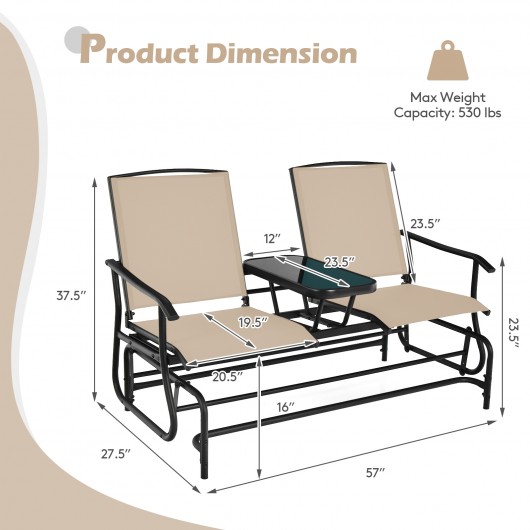 2-Person Double Rocking Loveseat with Mesh Fabric and Center Tempered Glass Table - Image 4