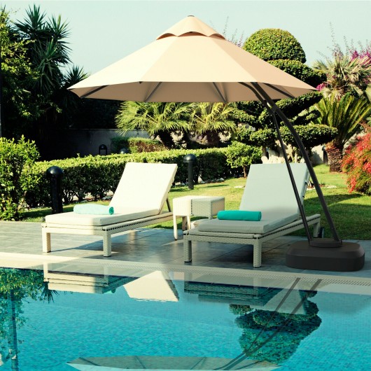 11 Feet Outdoor Cantilever Hanging Umbrella with Base and Wheels-Beige - Image 3