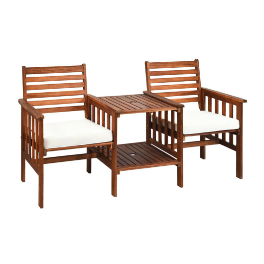 3 pcs Outdoor Patio Table Chairs Set Acacia Wood Loveseat-White - Image 2