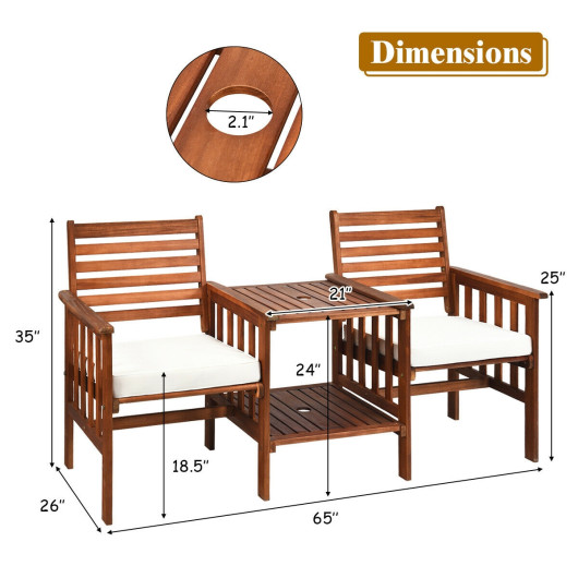 3 pcs Outdoor Patio Table Chairs Set Acacia Wood Loveseat-White - Image 4